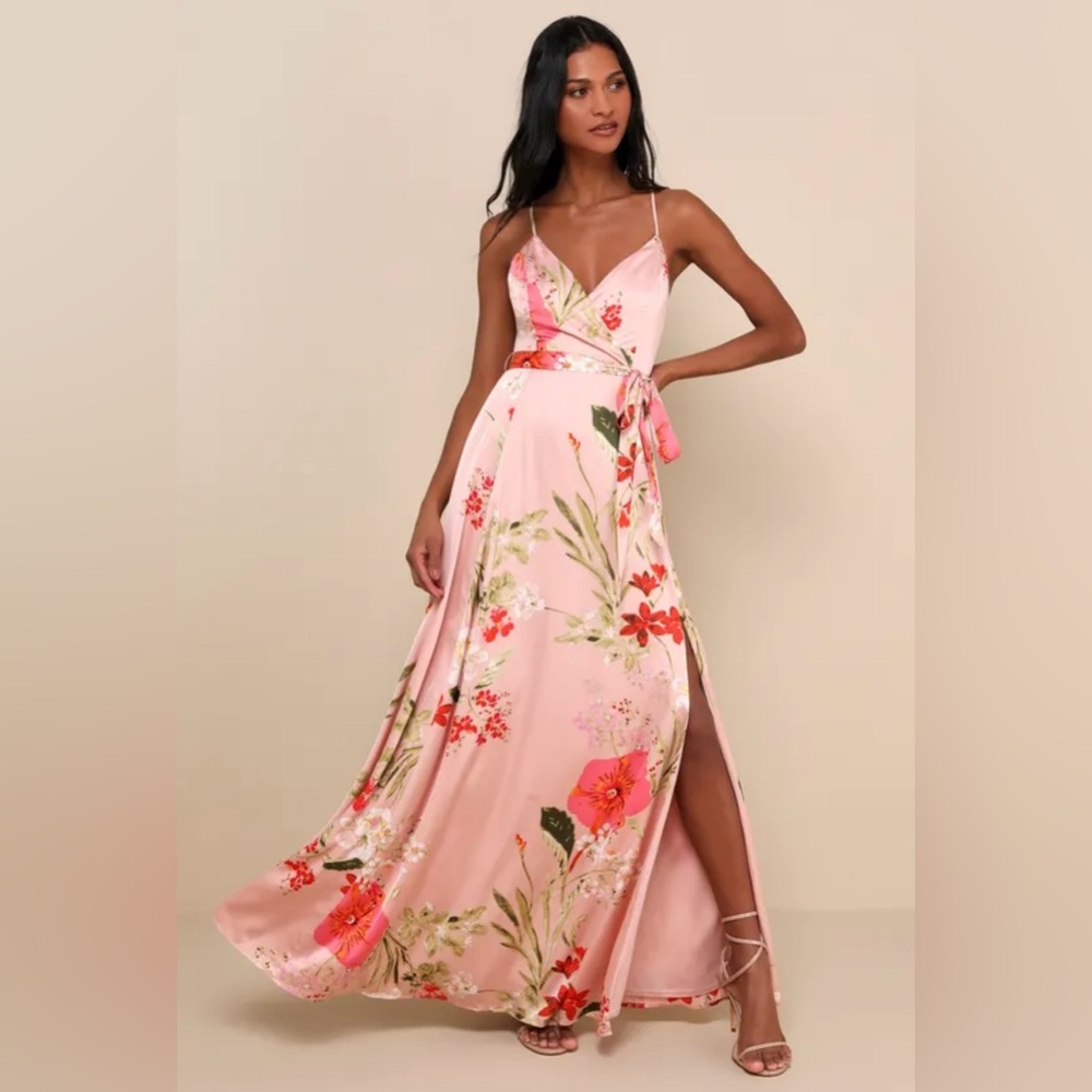 Lulu's Pink Floral Maxi Dress with Side Slit